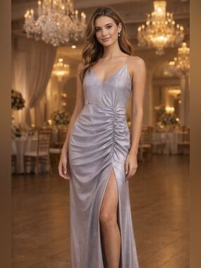 Honey & Rosie Silver Ruched Glitter Prom Dress Slit Size L
